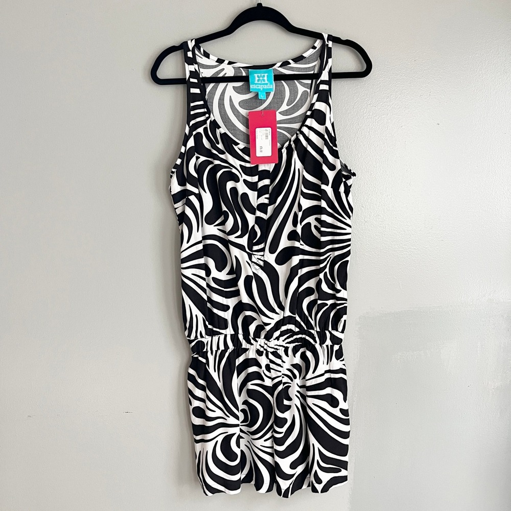 Escapada Romper Womens L Black White Abstract Swirl Resort Summer Pockets NWT